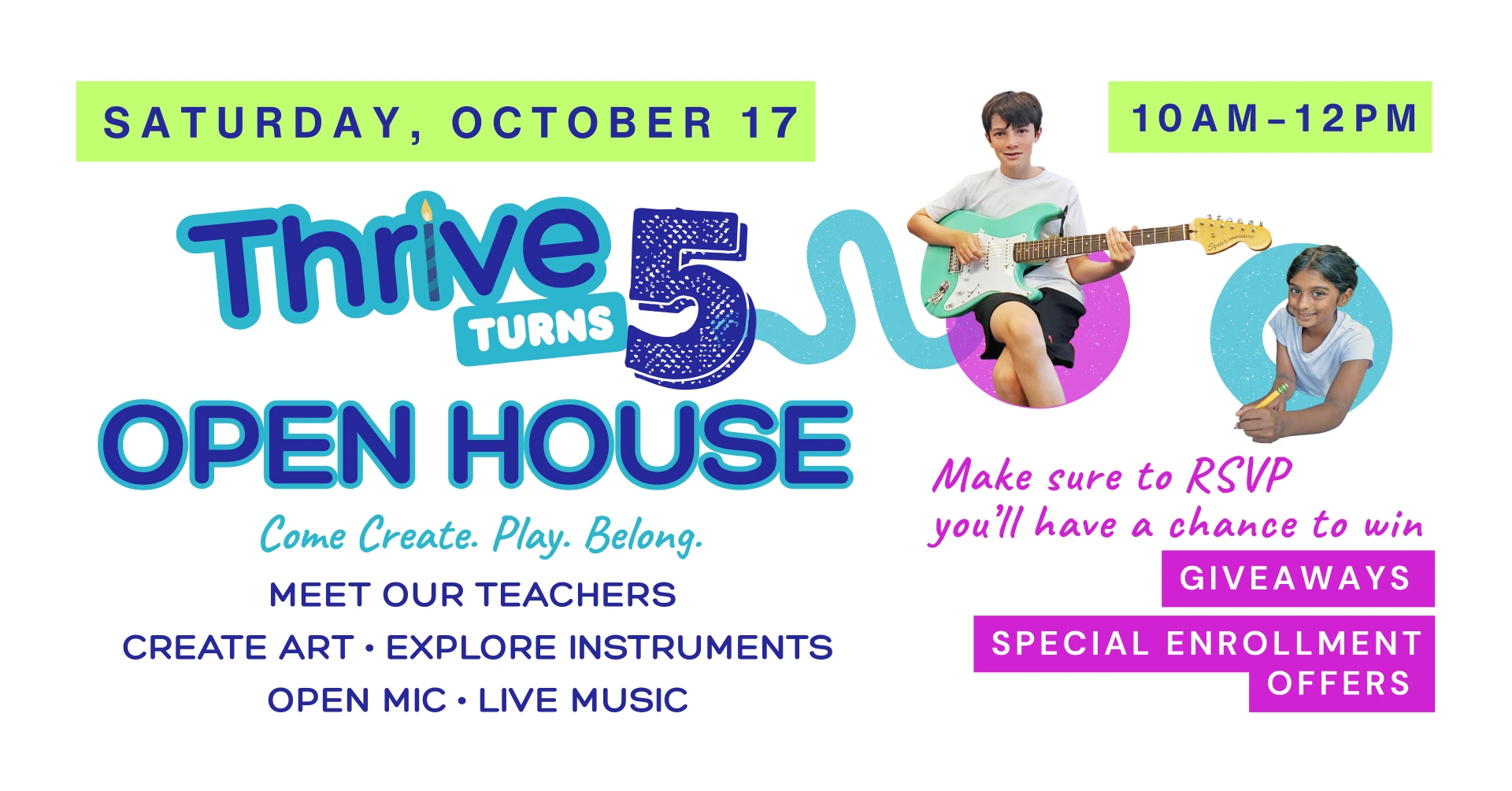 Thrive Turns 5 open house: Saturday, October 17, 10 a.m. to noon. Come create, play and belong.