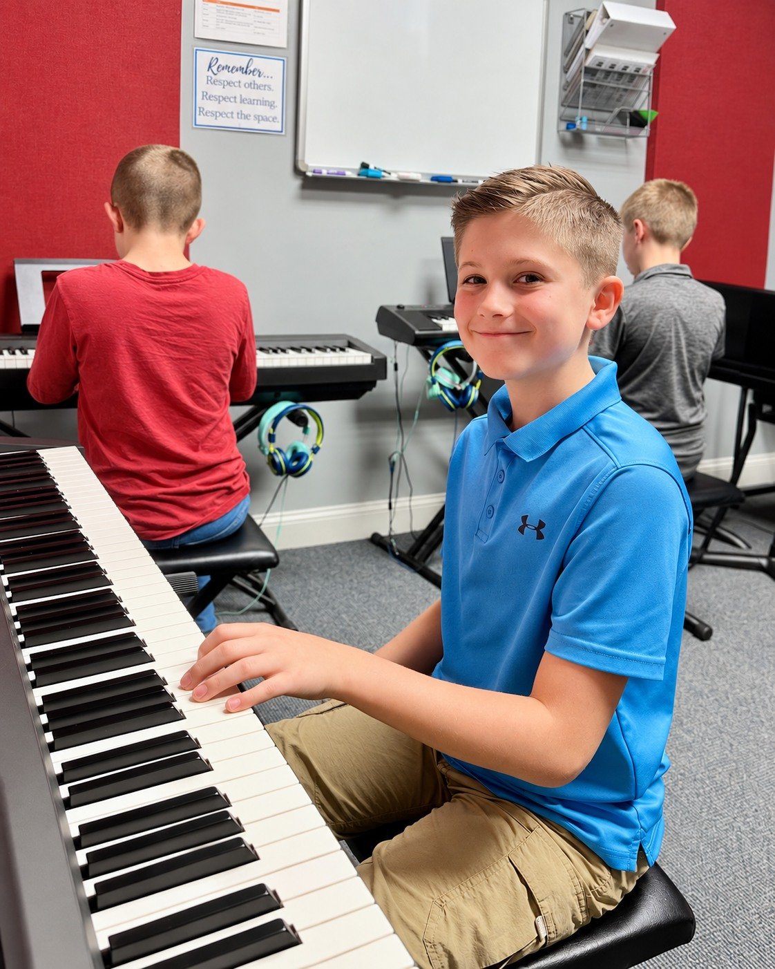 A smiling Thrive piano student at the keyboard with classmates
