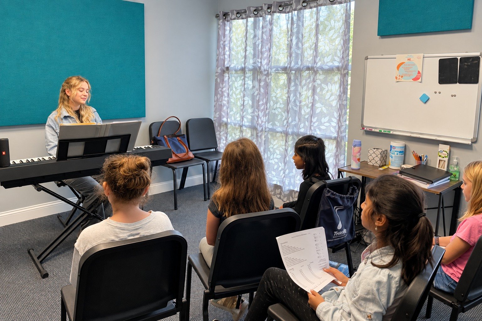 A Thrive instructor leading a group music class at the keyboard